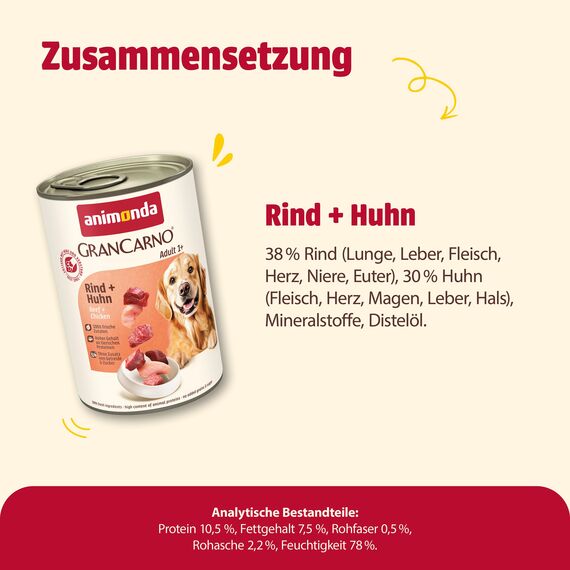 animonda GranCarno Hunde Nassfutter mit Rind + Huhn (6 x 400 g), getreidefreies Hundenassfutter ohne Zucker, für ausgewachsene Hunde, mit frischen fleischigen Zutaten