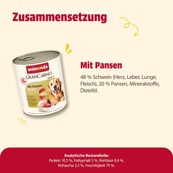 animonda GranCarno Hunde Nassfutter mit Pansen (6 x 800 g), getreidefreies Hundenassfutter ohne Zucker, für ausgewachsene Hunde, mit frischen fleischigen Zutaten