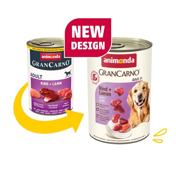 animonda GranCarno Hunde Nassfutter mit Rind + Lamm (6 x 400 g), getreidefreies Hundenassfutter ohne Zucker, für ausgewachsene Hunde, mit frischen fleischigen Zutaten