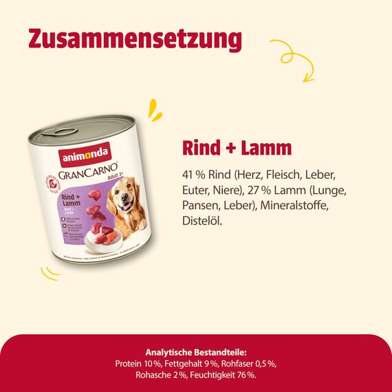 animonda GranCarno Hunde Nassfutter mit Rind + Lamm (6 x 800 g), getreidefreies Hundenassfutter ohne Zucker, für ausgewachsene Hunde, mit frischen fleischigen Zutaten