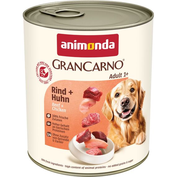 animonda GranCarno Hunde Nassfutter mit Rind + Huhn (6 x 800 g), getreidefreies Hundenassfutter ohne Zucker, für ausgewachsene Hunde, mit frischen fleischigen Zutaten