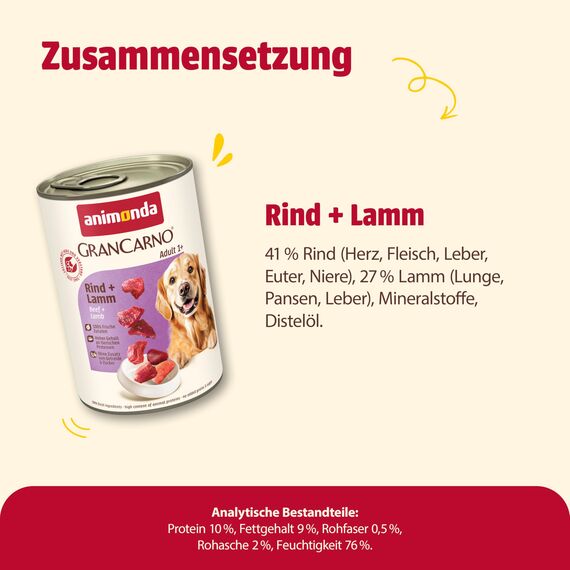 animonda GranCarno Hunde Nassfutter mit Rind + Lamm (6 x 400 g), getreidefreies Hundenassfutter ohne Zucker, für ausgewachsene Hunde, mit frischen fleischigen Zutaten