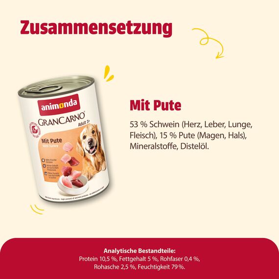 animonda GranCarno Hunde Nassfutter mit Pute (6 x 400 g), getreidefreies Hundenassfutter ohne Zucker, für ausgewachsene Hunde, mit frischen fleischigen Zutaten