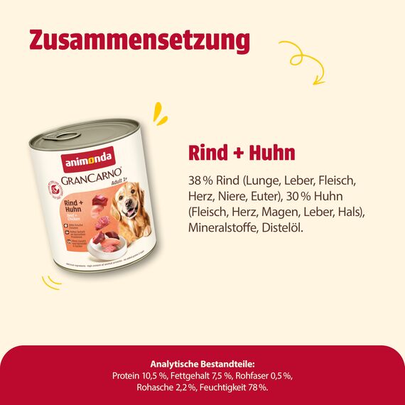 animonda GranCarno Hunde Nassfutter mit Rind + Huhn (6 x 800 g), getreidefreies Hundenassfutter ohne Zucker, für ausgewachsene Hunde, mit frischen fleischigen Zutaten