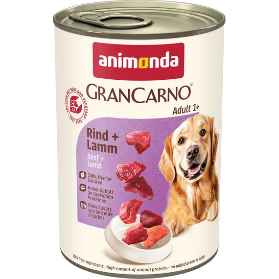 animonda GranCarno Hunde Nassfutter mit Rind + Lamm (6 x 400 g), getreidefreies Hundenassfutter ohne Zucker, für ausgewachsene Hunde, mit frischen fleischigen Zutaten