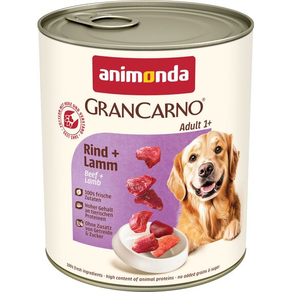 animonda GranCarno Hunde Nassfutter mit Rind + Lamm (6 x 800 g), getreidefreies Hundenassfutter ohne Zucker, für ausgewachsene Hunde, mit frischen fleischigen Zutaten
