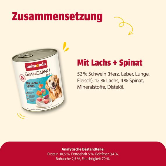 animonda GranCarno Hunde Nassfutter mit Lachs + Spinat (6 x 800 g), getreidefreies Hundenassfutter ohne Zucker, für ausgewachsene Hunde, mit frischen fleischigen Zutaten