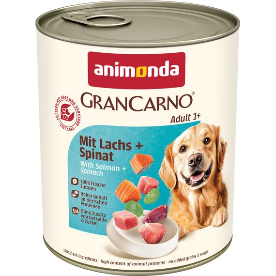 animonda GranCarno Hunde Nassfutter mit Lachs + Spinat (6 x 800 g), getreidefreies Hundenassfutter ohne Zucker, für ausgewachsene Hunde, mit frischen fleischigen Zutaten
