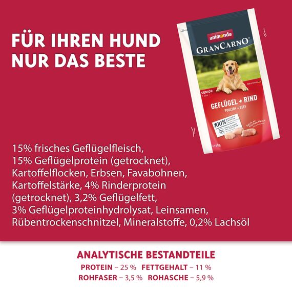 animonda GranCarno Senior Hundetrockenfutter getreidefrei Geflügel + Rind (1 x 4 kg), Trockenfutter für ältere Hunde ohne Gluten und Weizen, Hundefutter trocken mit hoher Bekömmlichkeit