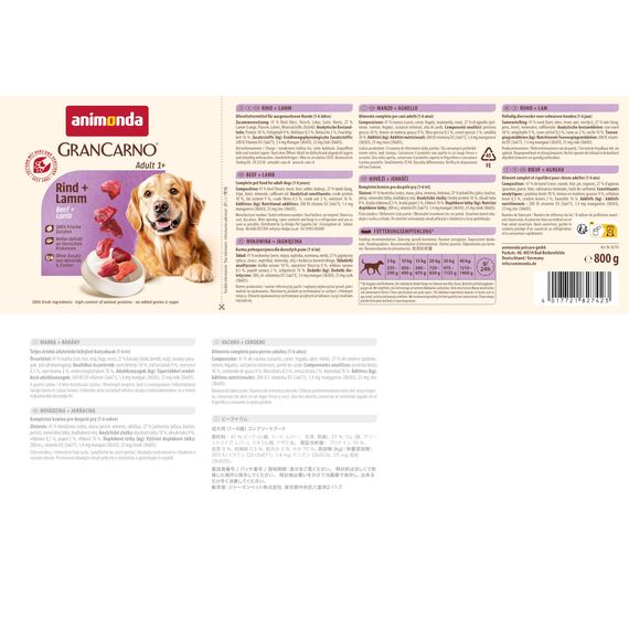 animonda GranCarno Hunde Nassfutter mit Rind + Lamm (6 x 800 g), getreidefreies Hundenassfutter ohne Zucker, für ausgewachsene Hunde, mit frischen fleischigen Zutaten