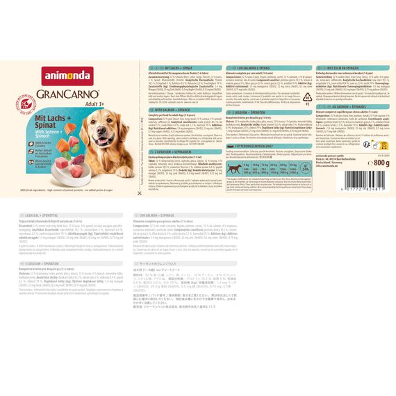 animonda GranCarno Hunde Nassfutter mit Lachs + Spinat (6 x 800 g), getreidefreies Hundenassfutter ohne Zucker, für ausgewachsene Hunde, mit frischen fleischigen Zutaten