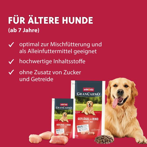 animonda GranCarno Senior Hundetrockenfutter getreidefrei Geflügel + Rind (1 x 12 kg), Trockenfutter für ältere Hunde ohne Gluten und Weizen, Hundefutter trocken mit hoher Bekömmlichkeit