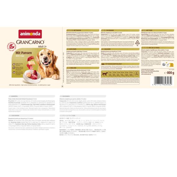 animonda GranCarno Hunde Nassfutter mit Pansen (6 x 800 g), getreidefreies Hundenassfutter ohne Zucker, für ausgewachsene Hunde, mit frischen fleischigen Zutaten