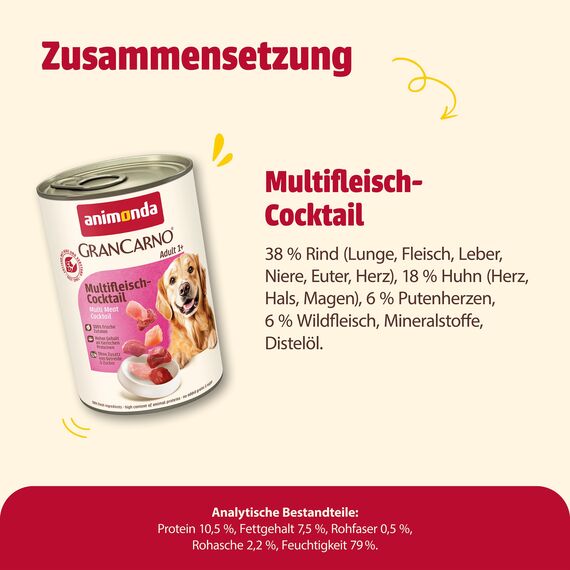 animonda GranCarno Adult Multifleisch-Cocktail (6 x 400 g), Hunde Nassfutter für ausgewachsene Tiere, Nassfutter für Hunde mit 100% frischen, fleischlichen Zutaten, Hundefutter ohne Getreide