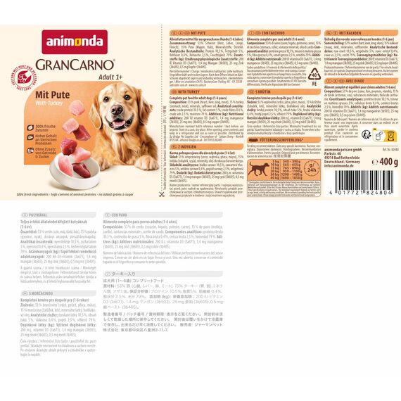 animonda GranCarno Hunde Nassfutter mit Pute (6 x 400 g), getreidefreies Hundenassfutter ohne Zucker, für ausgewachsene Hunde, mit frischen fleischigen Zutaten