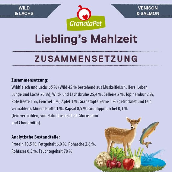 GranataPet Liebling's Mahlzeit Wild & Lachs, Nassfutter für Hunde, Hundefutter ohne Getreide & ohne Zuckerzusätze, Alleinfuttermittel, 6 x 800 g