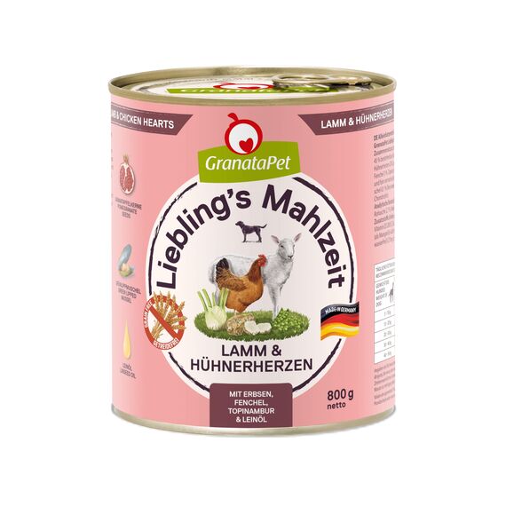GranataPet Liebling's Mahlzeit Lamm & Hühnerherzen, Nassfutter für Hunde, Hundefutter ohne Getreide & ohne Zuckerzusätze, Alleinfuttermittel, 6 x 800 g