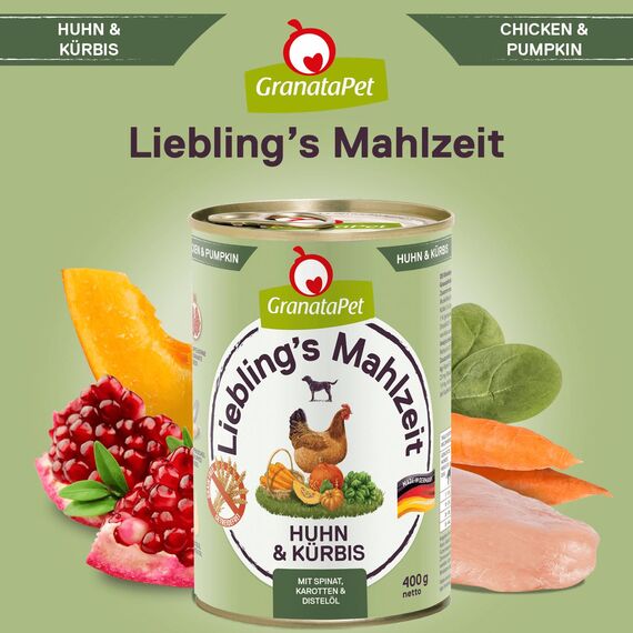 GranataPet Liebling's Mahlzeit Huhn & Kürbis, Nassfutter für Hunde, Hundefutter ohne Getreide & ohne Zuckerzusätze, Alleinfuttermittel, 6 x 400 g