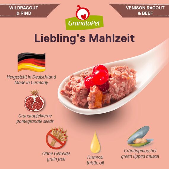 GranataPet Liebling's Mahlzeit Wildragout & Rind, Nassfutter für Hunde, Hundefutter ohne Getreide & ohne Zuckerzusätze, Alleinfuttermittel, 6 x 800 g