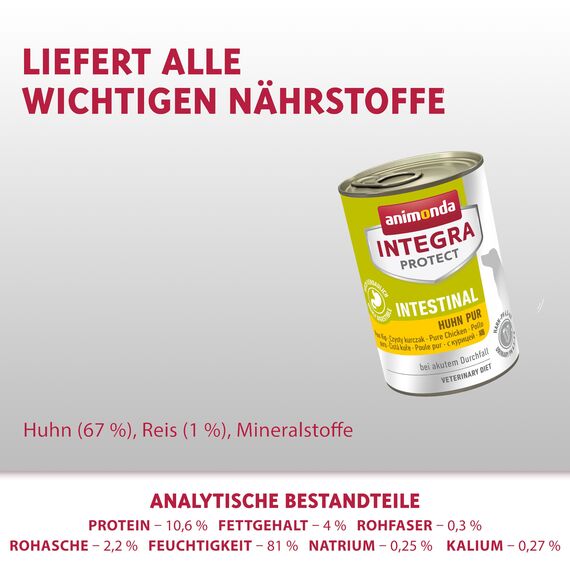 animonda INTEGRA PROTECT Intestinal Huhn Pur (6 x 400 g), Hunde Diätfutter bei Durchfall & Erbrechen, Hundefutter mit Huhn und Reis, leicht verdauliches Nassfutter für Hunde