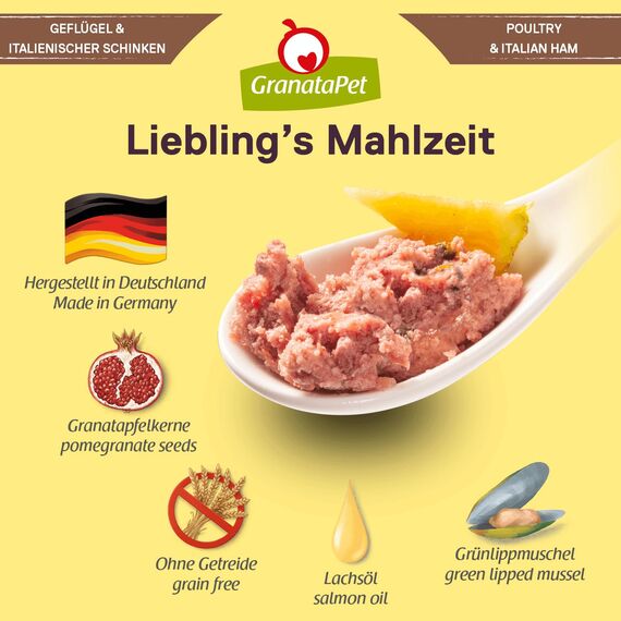 GranataPet Liebling's Mahlzeit Geflügel & italienischer Schinken, Nassfutter für Hunde, Hundefutter ohne Getreide & ohne Zuckerzusätze, Alleinfuttermittel, 6 x 800 g