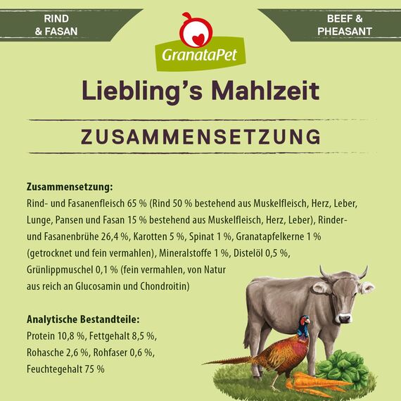 GranataPet Liebling's Mahlzeit Rind & Fasan, Nassfutter für Hunde, Hundefutter ohne Getreide & ohne Zuckerzusätze, Alleinfuttermittel, 6 x 400 g