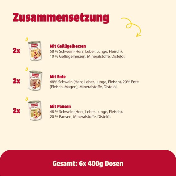 animonda GranCarno Adult Deftige Variation (6 x 400 g), Hunde Nassfutter für ausgewachsene Tiere, Nassfutter für Hunde mit 100% frischen, fleischlichen Zutaten, Hundefutter ohne Getreide