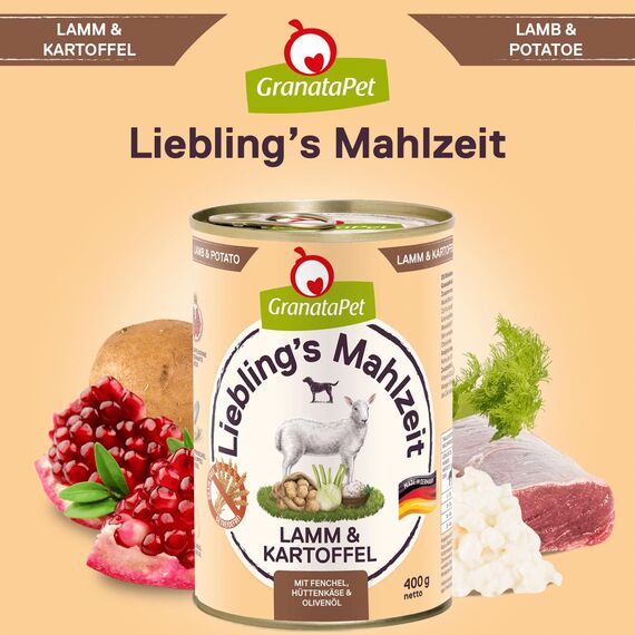 GranataPet Liebling's Mahlzeit Lamm & Kartoffel, Nassfutter für Hunde, Hundefutter ohne Getreide & ohne Zuckerzusätze, Alleinfuttermittel, 6 x 400 g