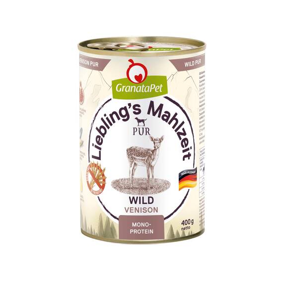 GranataPet Liebling's Mahlzeit Wild PUR, Nassfutter für Hunde, Hundefutter ohne Getreide & Zuckerzusätze, Alleinfuttermittel mit hohem Fleischanteil & hochwertigen Ölen, 6 x 400 g