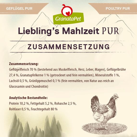 GranataPet Liebling's Mahlzeit Geflügel PUR, Nassfutter für Hunde, Hundefutter ohne Getreide & Zuckerzusätze, Alleinfuttermittel mit hohem Fleischanteil & hochwertigen Ölen, 6 x 400 g