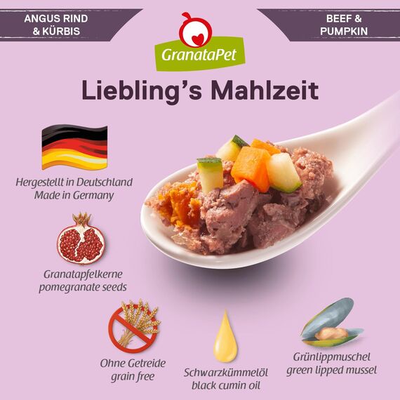 GranataPet Liebling's Mahlzeit Angus Rind & Kürbis, Nassfutter für Hunde, Hundefutter ohne Getreide & ohne Zuckerzusätze, Alleinfuttermittel, 6 x 400 g