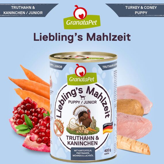 GranataPet Liebling's Mahlzeit Turkey and Rabbit Wet Dog Food without Grain & Sugar Supplements, Complete Food, 6 x 400 g