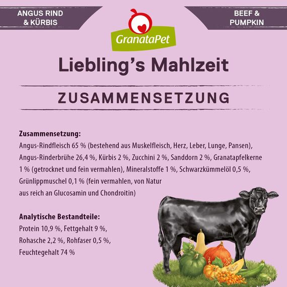 GranataPet Liebling's Mahlzeit Angus Rind & Kürbis, Nassfutter für Hunde, Hundefutter ohne Getreide & ohne Zuckerzusätze, Alleinfuttermittel, 6 x 800 g
