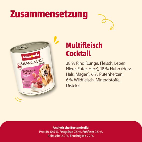 animonda GranCarno Adult Multifleisch-Cocktail (6 x 800 g), Hundenassfutter für erwachsene Tiere, Nassfutter für Hunde mit 100 % frischen, fleischlichen Zutaten, Hundefutter ohne Getreide