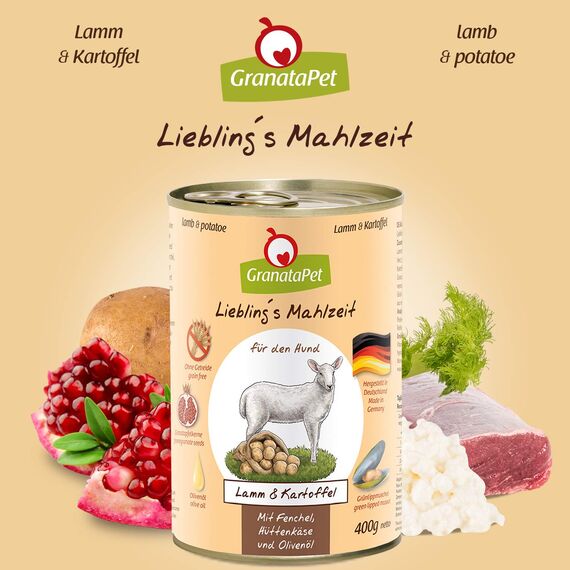 GranataPet Liebling's Mahlzeit Multipack 3, Nassfutter für Hunde im Probierpaket, Alleinfuttermittel ohne Getreide, Hundefutter mit hohem Fleischanteil & hochwertigen Ölen, 6 x 400 g