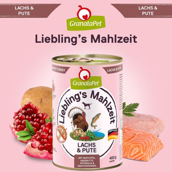 GranataPet Liebling's Mahlzeit Lachs & Pute, Nassfutter für Hunde, Hundefutter ohne Getreide & ohne Zuckerzusätze, Alleinfuttermittel, 6 x 400 g