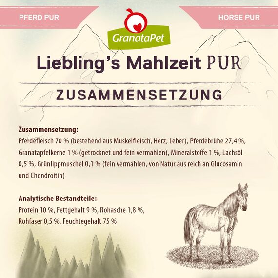 GranataPet Liebling's Mahlzeit Pferd PUR, Nassfutter für Hunde, Hundefutter ohne Getreide & Zuckerzusätze, Alleinfuttermittel mit hohem Fleischanteil & hochwertigen Ölen, 6 x 400 g