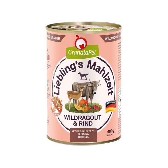 GranataPet Liebling's Mahlzeit Wildragout & Rind, Nassfutter für Hunde, Hundefutter ohne Getreide & ohne Zuckerzusätze, Alleinfuttermittel, 6 x 400 g