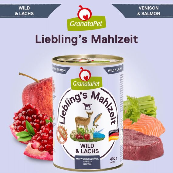 GranataPet Liebling's Mahlzeit Wild & Lachs, Nassfutter für Hunde, Hundefutter ohne Getreide & ohne Zuckerzusätze, Alleinfuttermittel, 6 x 400 g
