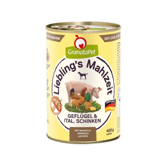 GranataPet Liebling's Mahlzeit Geflügel & italienischer Schinken, Nassfutter für Hunde, Hundefutter ohne Getreide & ohne Zuckerzusätze, Alleinfuttermittel, 6 x 400 g