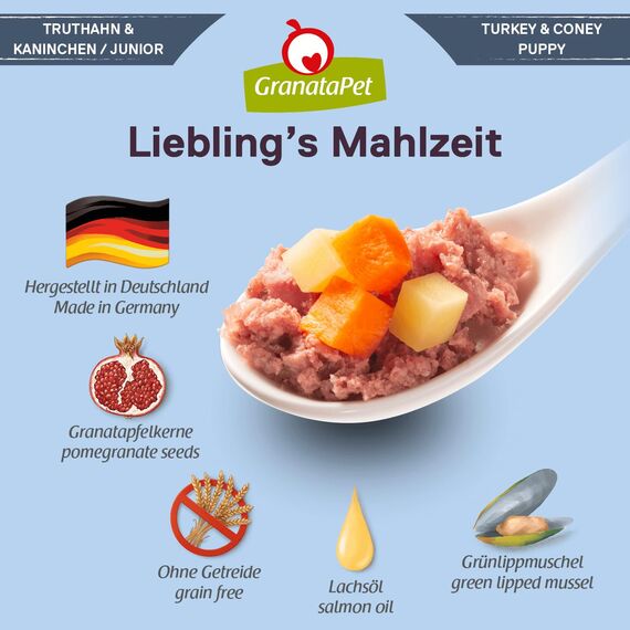 GranataPet Liebling's Mahlzeit Turkey and Rabbit Wet Dog Food without Grain & Sugar Supplements, Complete Food, 6 x 400 g