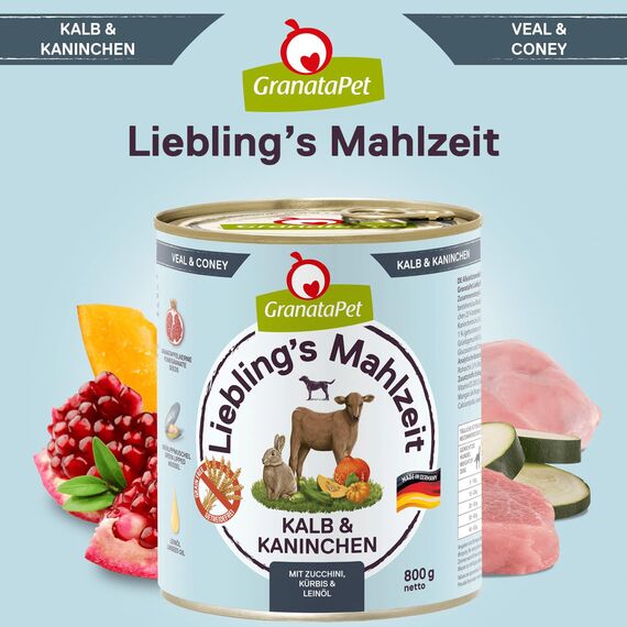 GranataPet Liebling's Mahlzeit Kalb & Kaninchen, Nassfutter für Hunde, Hundefutter ohne Getreide & ohne Zuckerzusätze, Alleinfuttermittel, 6 x 800 g
