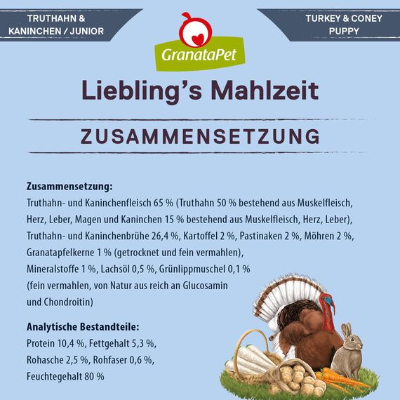 GranataPet Liebling's Mahlzeit Turkey and Rabbit Wet Dog Food without Grain & Sugar Supplements, Complete Food, 6 x 400 g