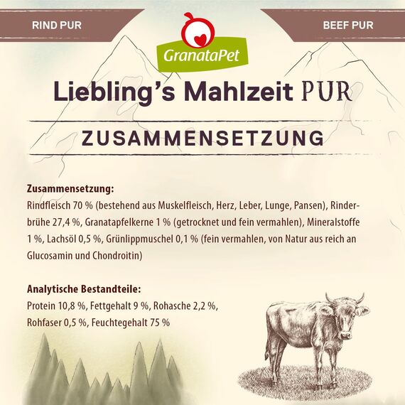GranataPet Liebling's Mahlzeit Rind PUR, Nassfutter für Hunde, Hundefutter ohne Getreide & Zuckerzusätze, Alleinfuttermittel mit hohem Fleischanteil & hochwertigen Ölen, 6 x 400 g