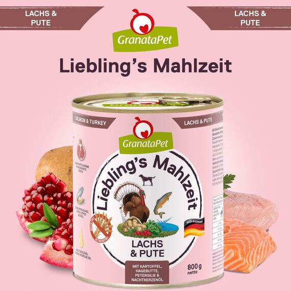 GranataPet Liebling's Mahlzeit Lachs & Pute, Nassfutter für Hunde, Hundefutter ohne Getreide & ohne Zuckerzusätze, Alleinfuttermittel, 6 x 800 g