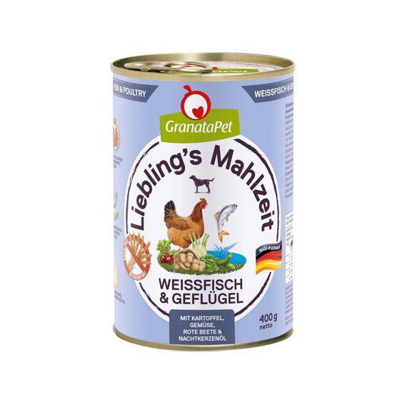 GranataPet Liebling's Mahlzeit Weißfisch & Geflügel, Nassfutter für Hunde, Hundefutter ohne Getreide & ohne Zuckerzusätze, Alleinfuttermittel, 6 x 400 g