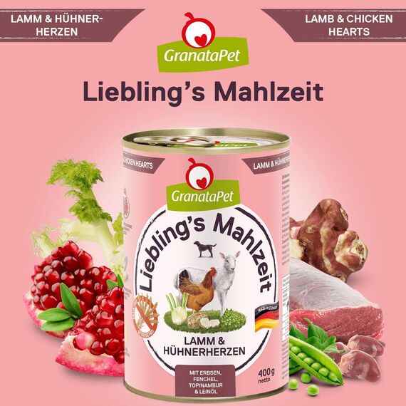 GranataPet Liebling's Mahlzeit Lamm & Hühnerherzen, Nassfutter für Hunde, Hundefutter ohne Getreide & ohne Zuckerzusätze, Alleinfuttermittel, 6 x 400 g