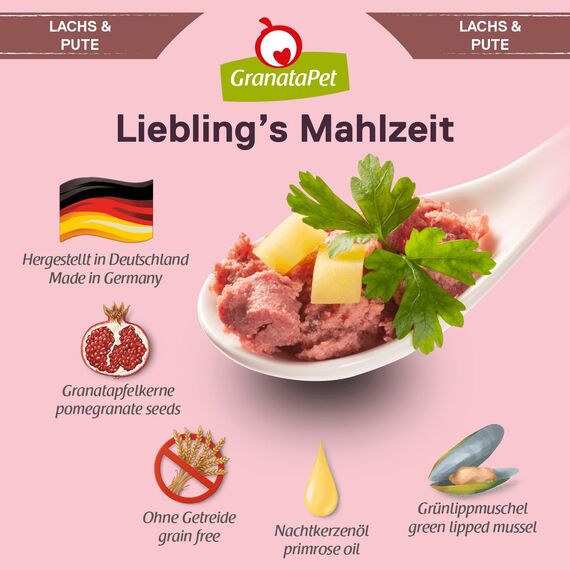 GranataPet Liebling's Mahlzeit Lachs & Pute, Nassfutter für Hunde, Hundefutter ohne Getreide & ohne Zuckerzusätze, Alleinfuttermittel, 6 x 800 g