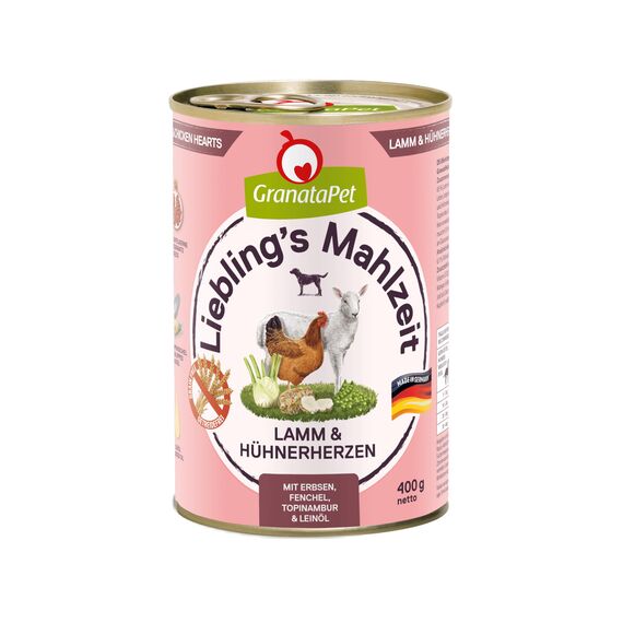 GranataPet Liebling's Mahlzeit Lamm & Hühnerherzen, Nassfutter für Hunde, Hundefutter ohne Getreide & ohne Zuckerzusätze, Alleinfuttermittel, 6 x 400 g