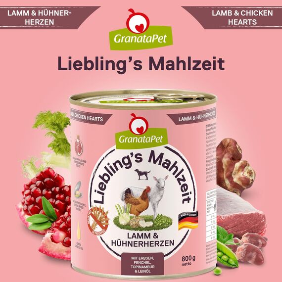 GranataPet Liebling's Mahlzeit Lamm & Hühnerherzen, Nassfutter für Hunde, Hundefutter ohne Getreide & ohne Zuckerzusätze, Alleinfuttermittel, 6 x 800 g